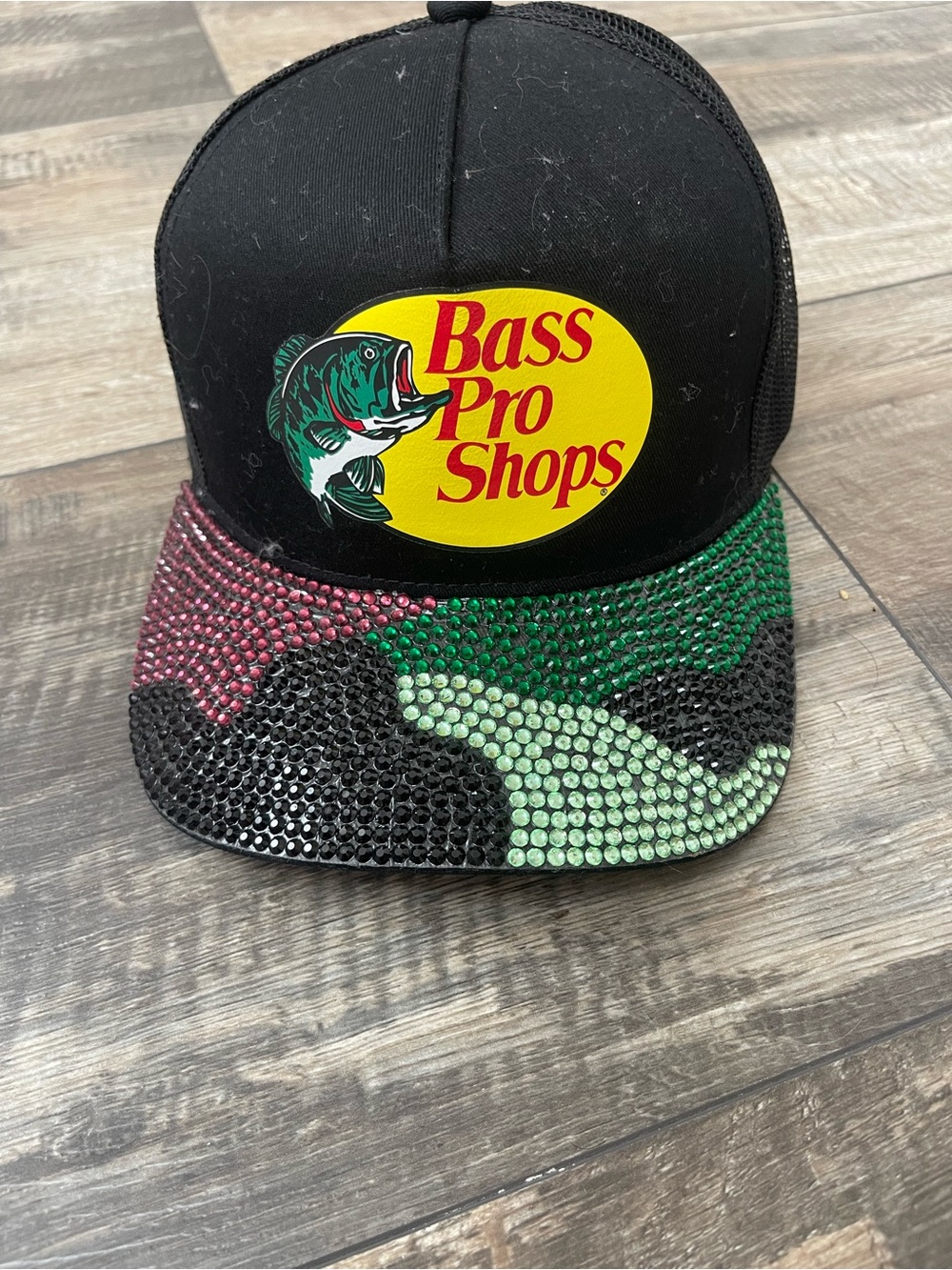 Bass Pro Shops Black Trucker Hat with Multicolor Crystal Camo Brim